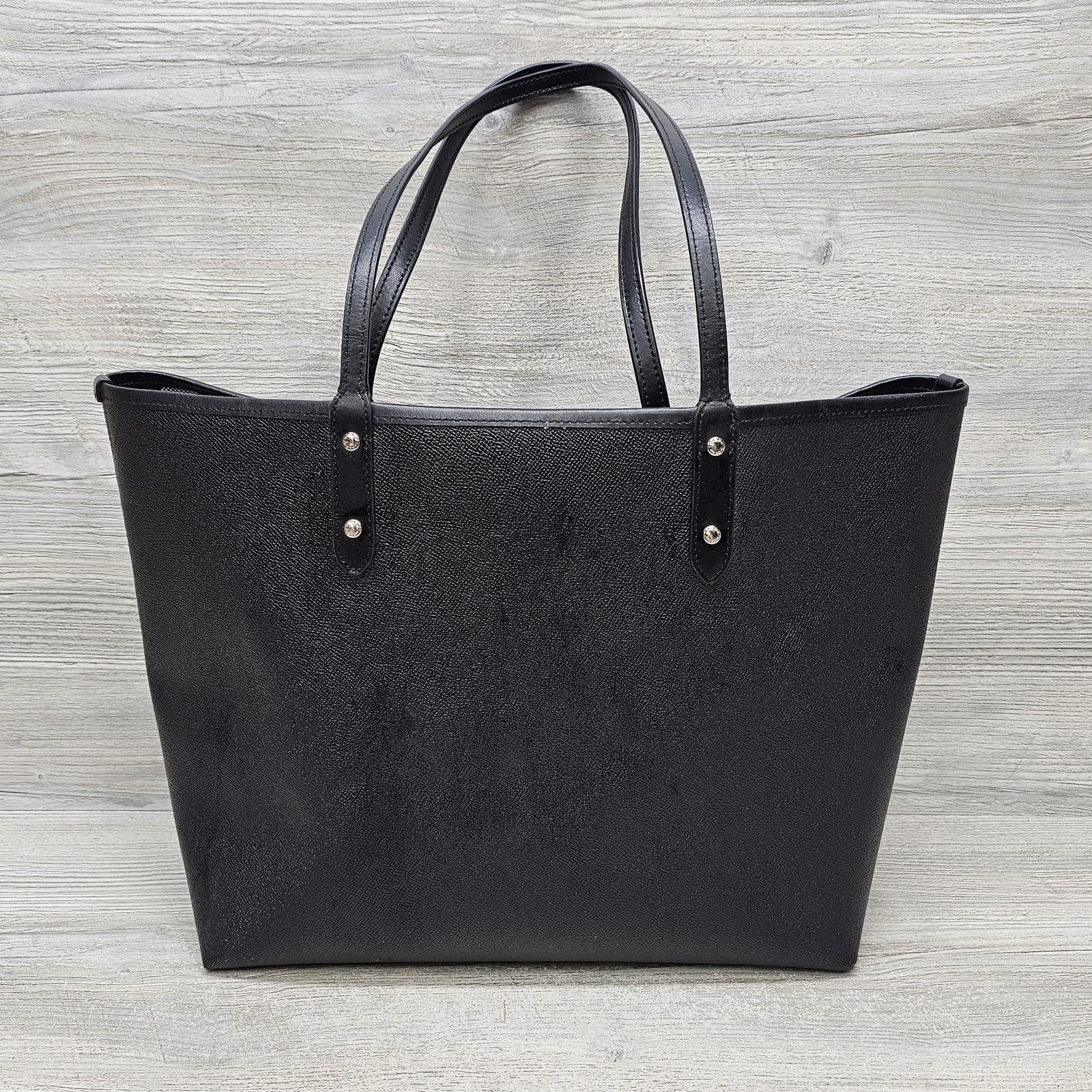 Coach Reversible City Tote Black Crossgrain Leather Checkered Buffalo Plaid Bag