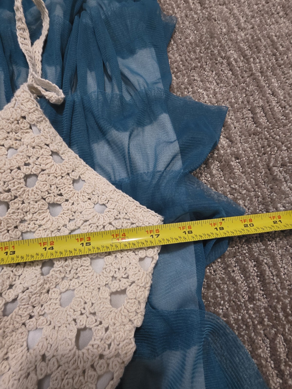 J Gee Crochet Sheer Ruffle Dress Sleeveless Boho Party Coastal Beachy Blue Sz 1X