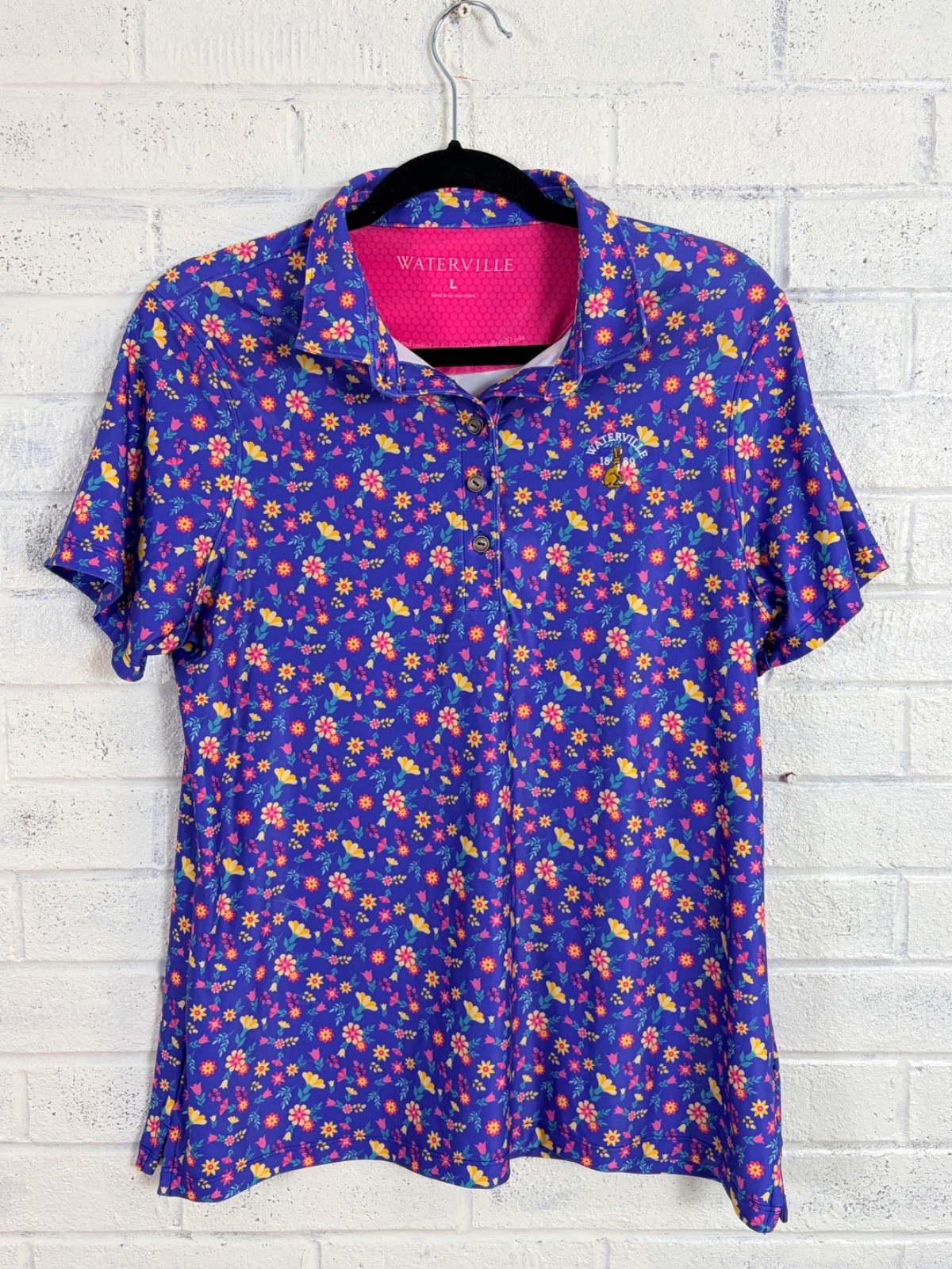 Waterville Floral Golf Polo Shirt Mens L Purple Stretch Embroidered Preppy
