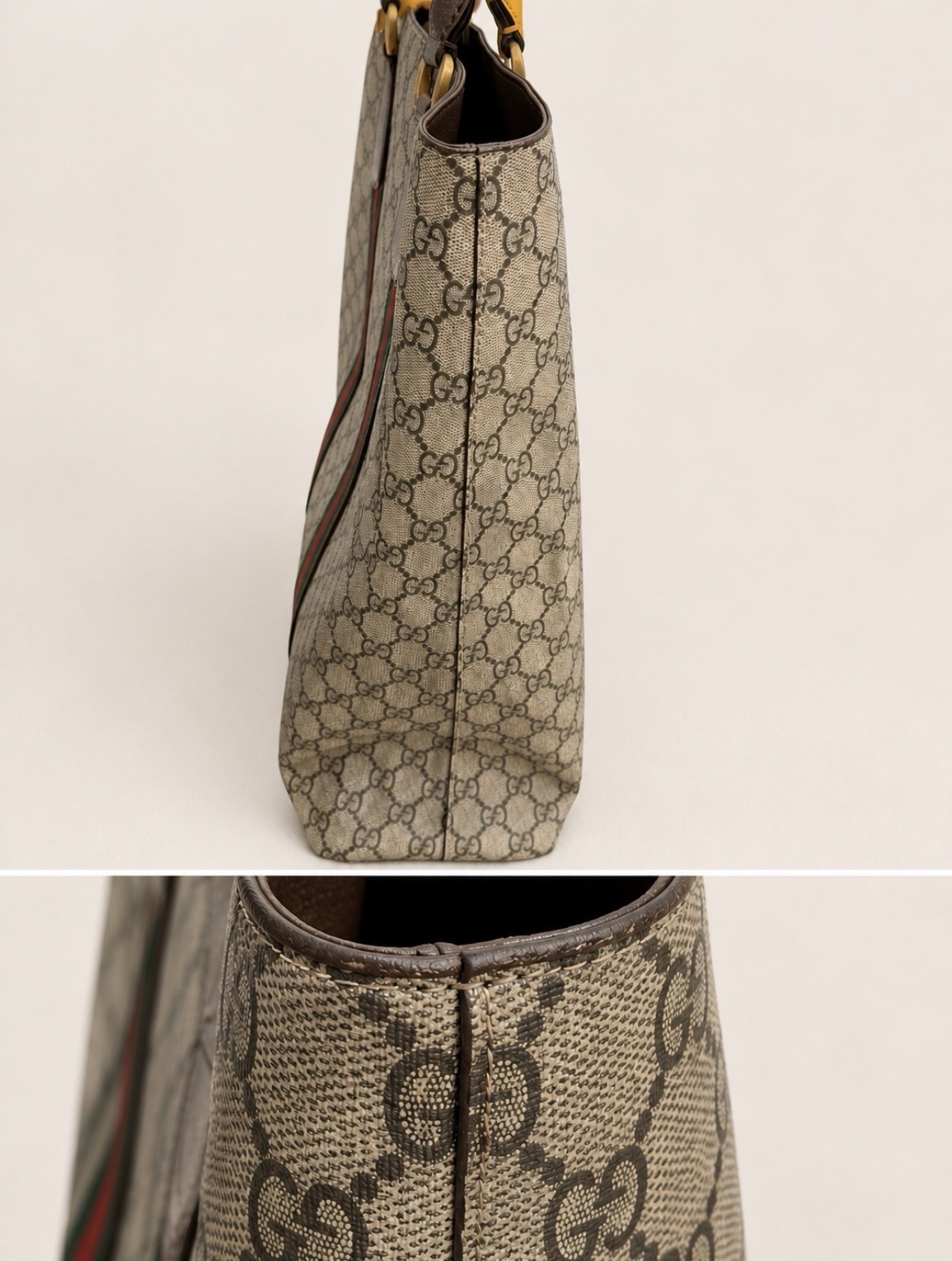 Gucci GG Pattern Web Stripe Tote Bag Zip Top Handle Beige Brown Gold