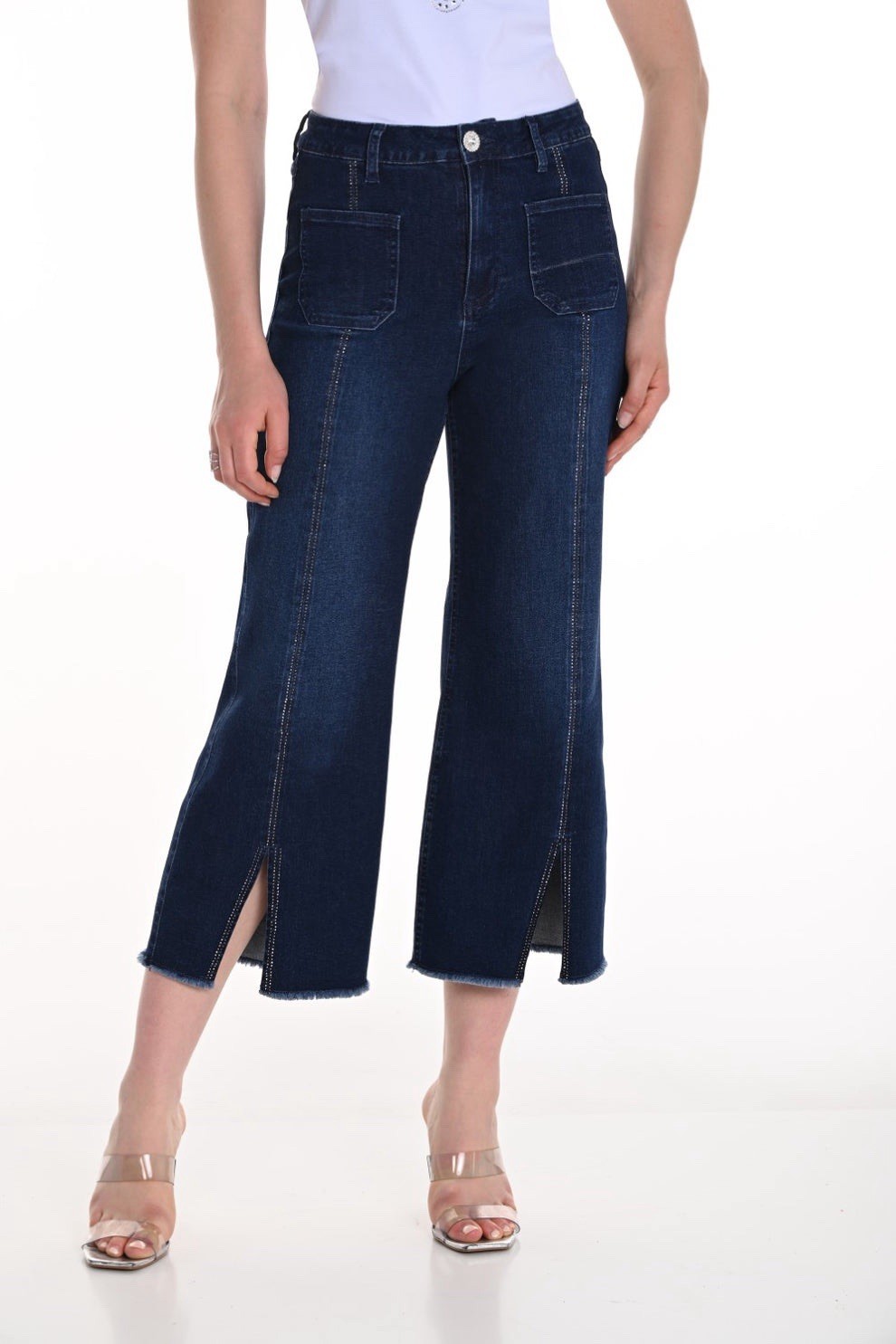NWT Frank Lyman 256797U Blue Cropped Wide Leg Jeans Rhinestone Hem Womens Size L