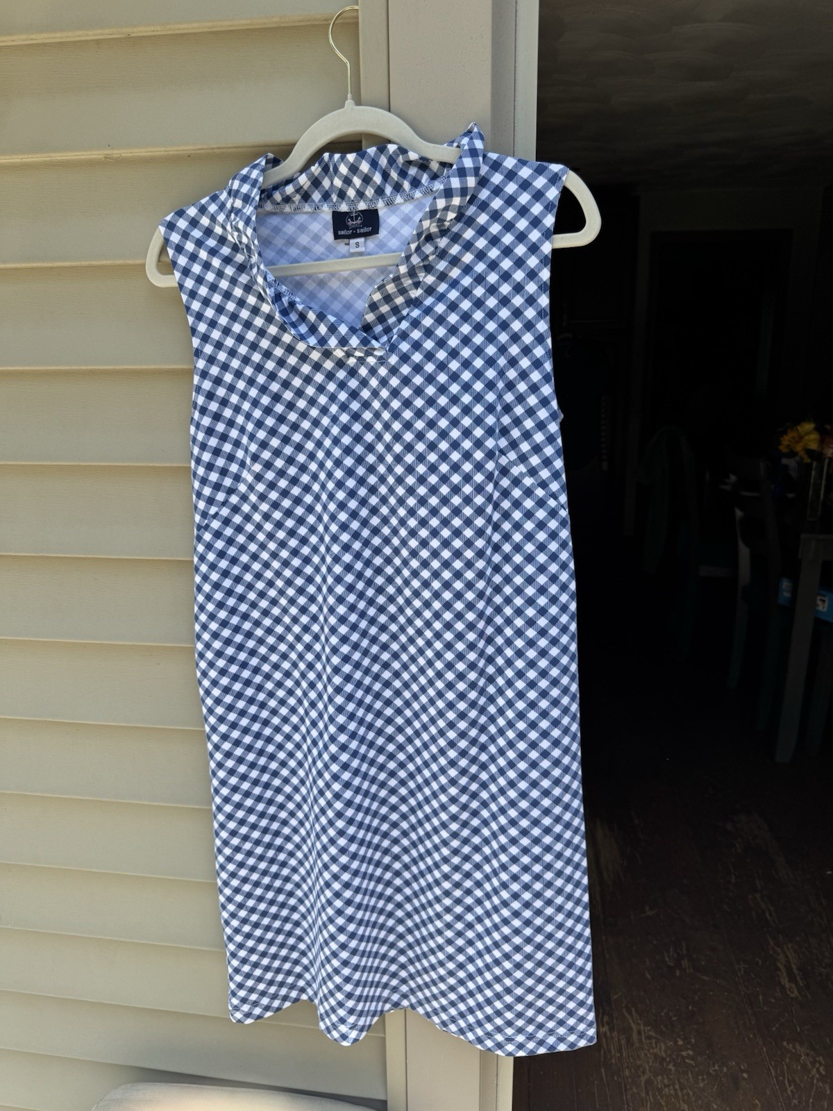 sailor-sailor Women’s S Blue/White Gingham Shift Dress V-Neck Knee Length