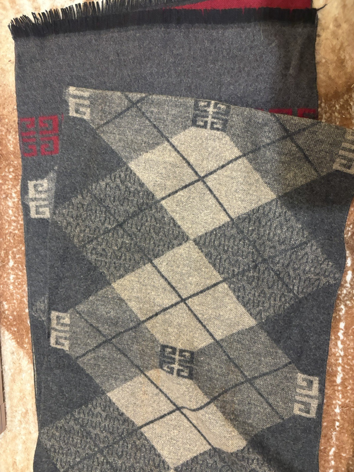 Givenchy Scarf Charcoal Grey & Tan Argyle Plaid Red 4G Logo Border Wool Blend
