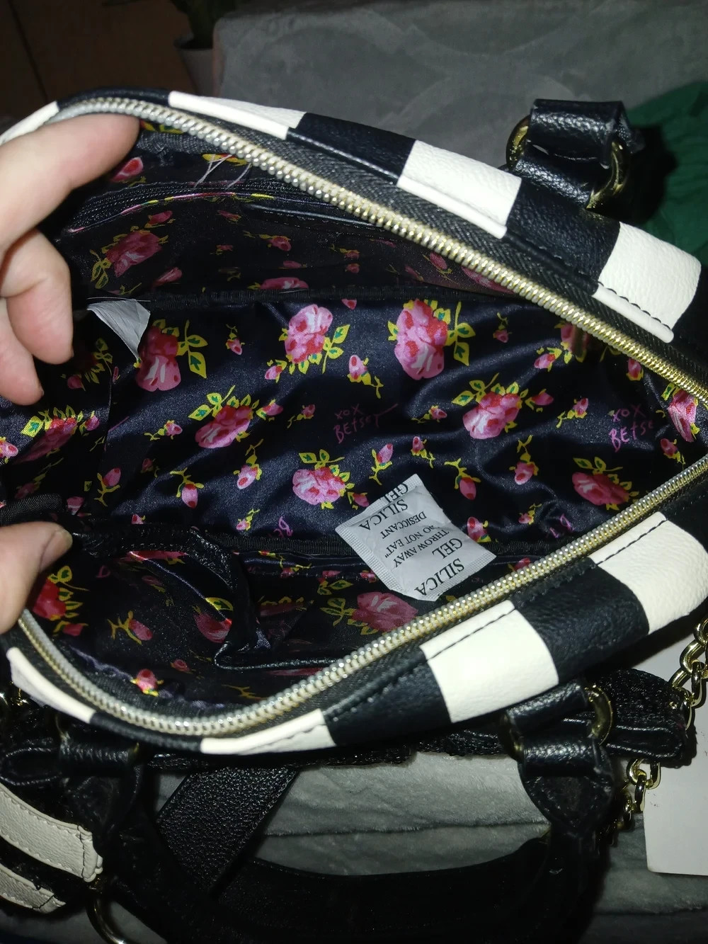 Betsey Johnson Black Quilted Heart Crossbody with Striped Accents, Whimsy, bow