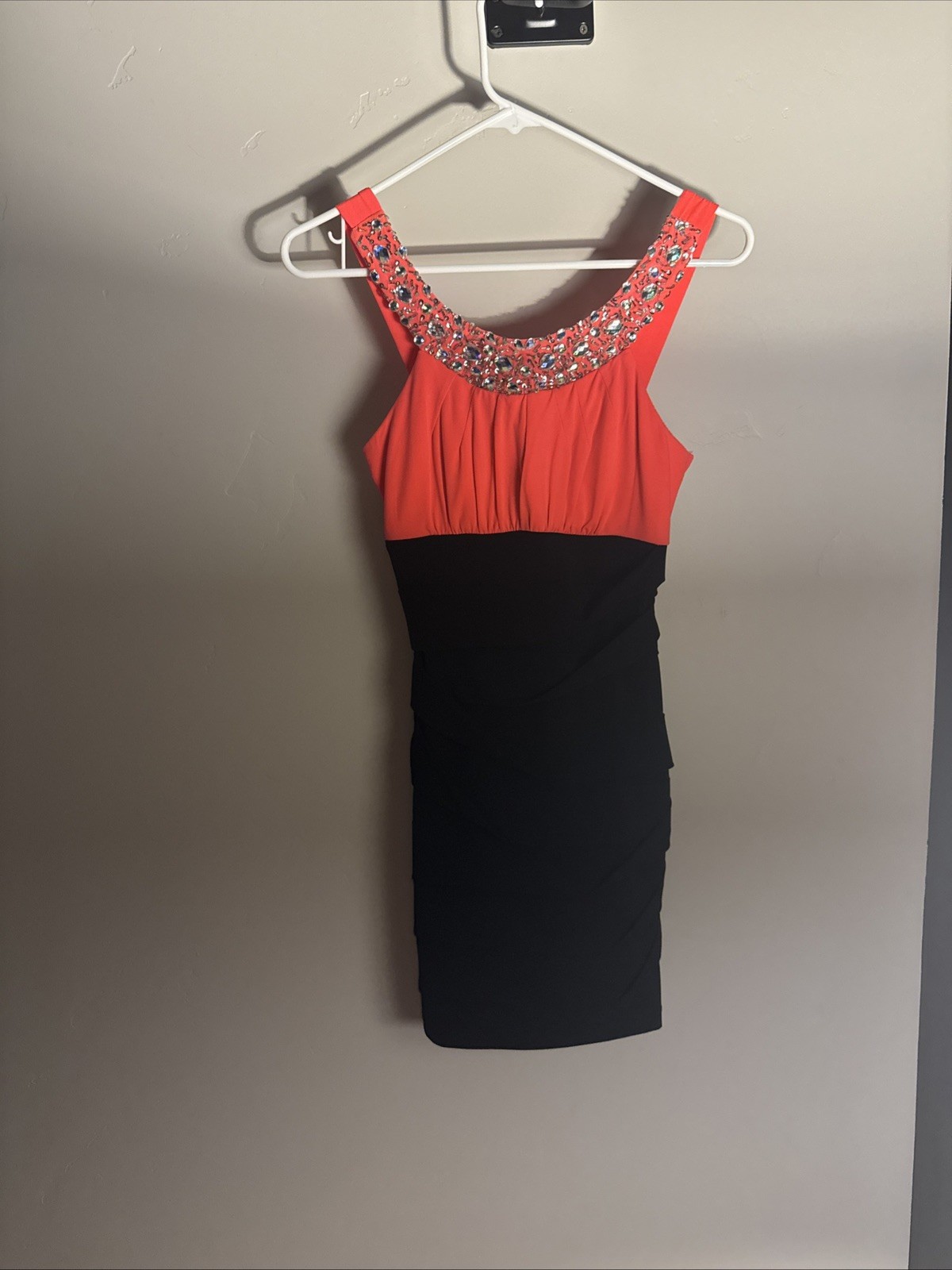 Women’s Deep Coral Black Bodycon Bandage Dress With Rhinestone Accents Small