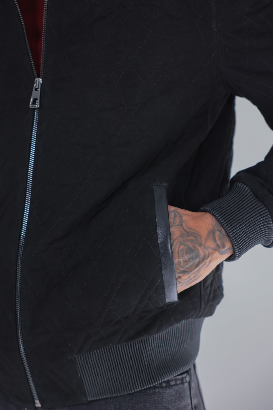 Men’s Genuine Suede Leather Bomber Jacket Black Rib Knit Zip 26″ – 65cm