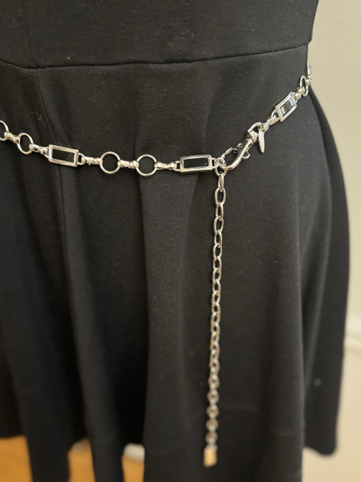 Women’s Silver & Black Chain Belt, Geometric Buckle Accent, Adjustable, 22 in