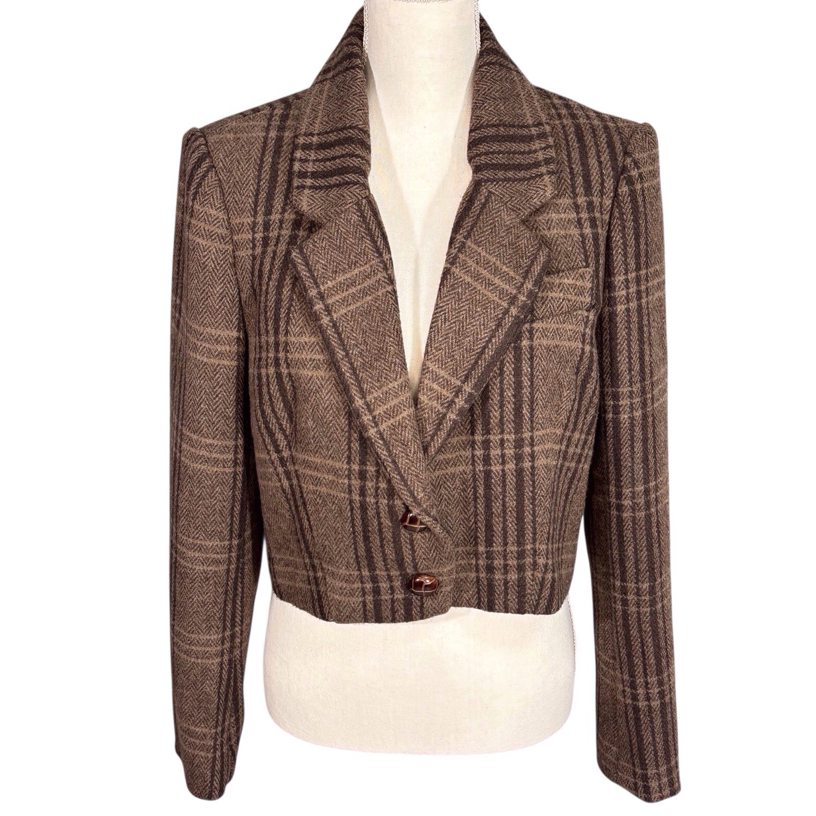 ASTR The Label Brina Cropped Blazer Women’s Medium Brown Black Herringbone Plaid