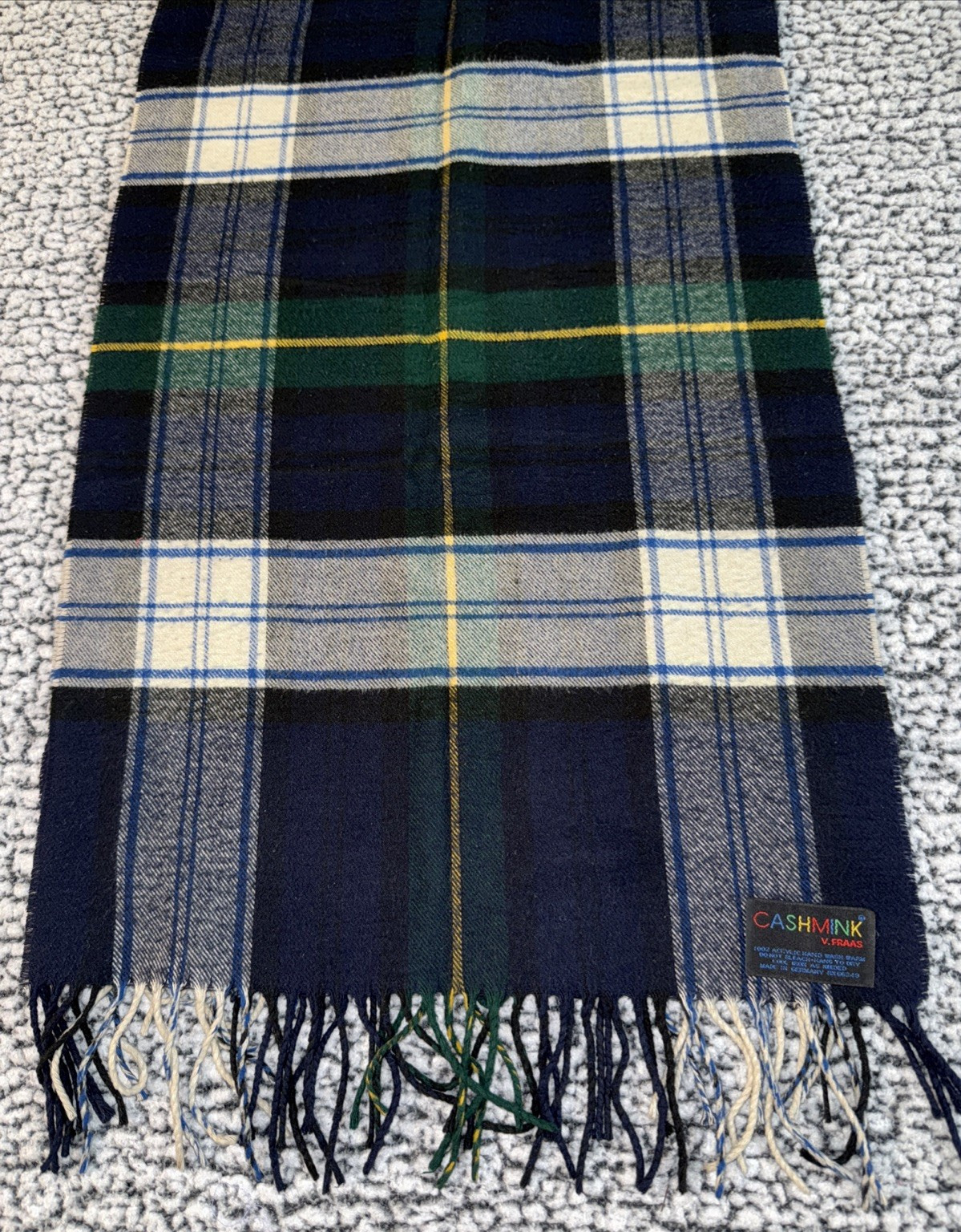 V. Fraas Cashmink Scarf Mens Blue Green Tartan Plaid Germany Soft 64X16″