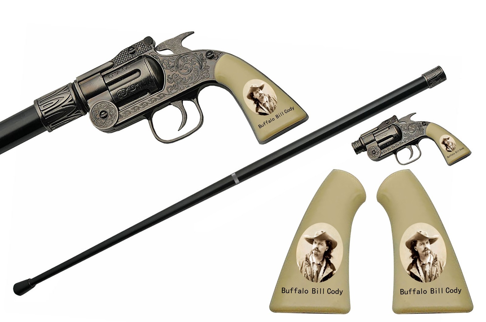 Buffalo Bill Cody Western Revolver Handle Walking Cane – 36″