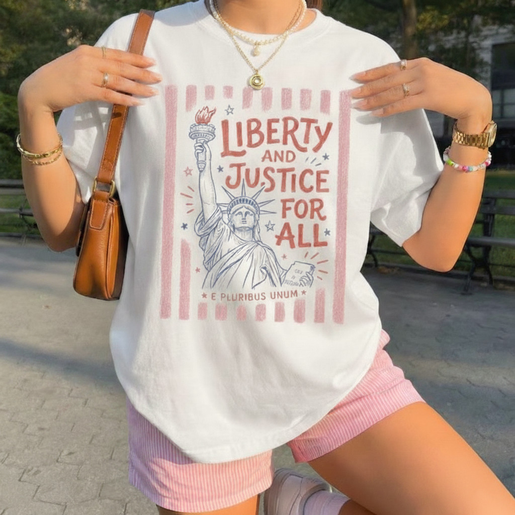 Liberty and Justice For All T-Shirt Fourth of July Statue of Liberty Tee USA