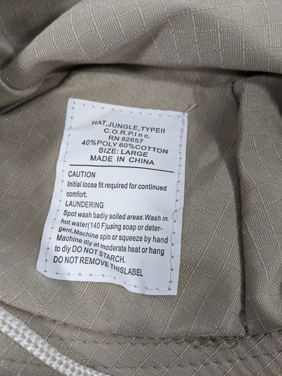 MILITARY C.O.R.P. INC BOONIE HAT JUNGLE TYPEII POLY COTTON BEIGE LARGE