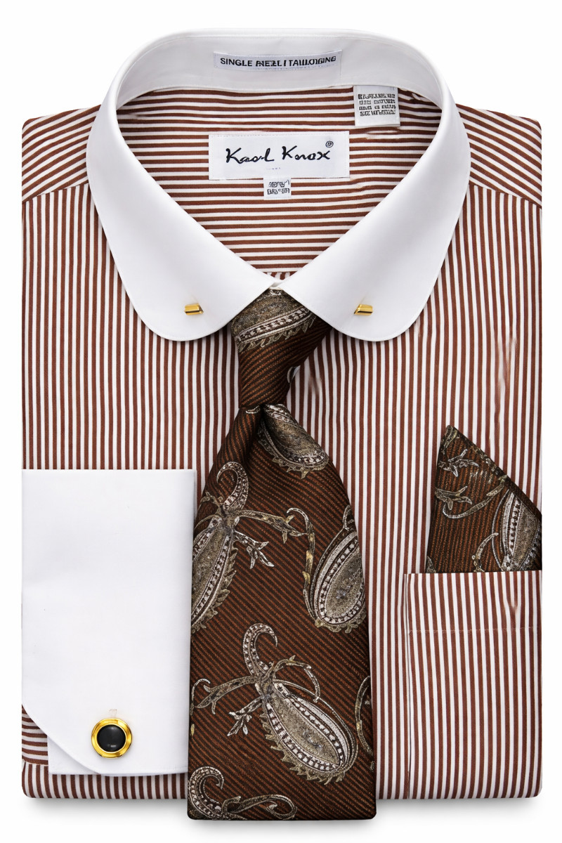 Mens Cocoa Brown Pinstripe Eyelet Collar Bar Dress Shirt + Tie Karl Knox SX4557
