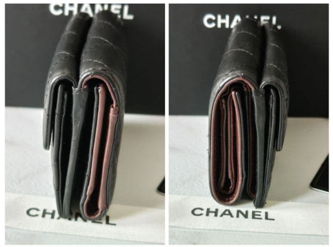 CHANEL Tri Fold Wallet Mini Compact 2.55 Matelass Black