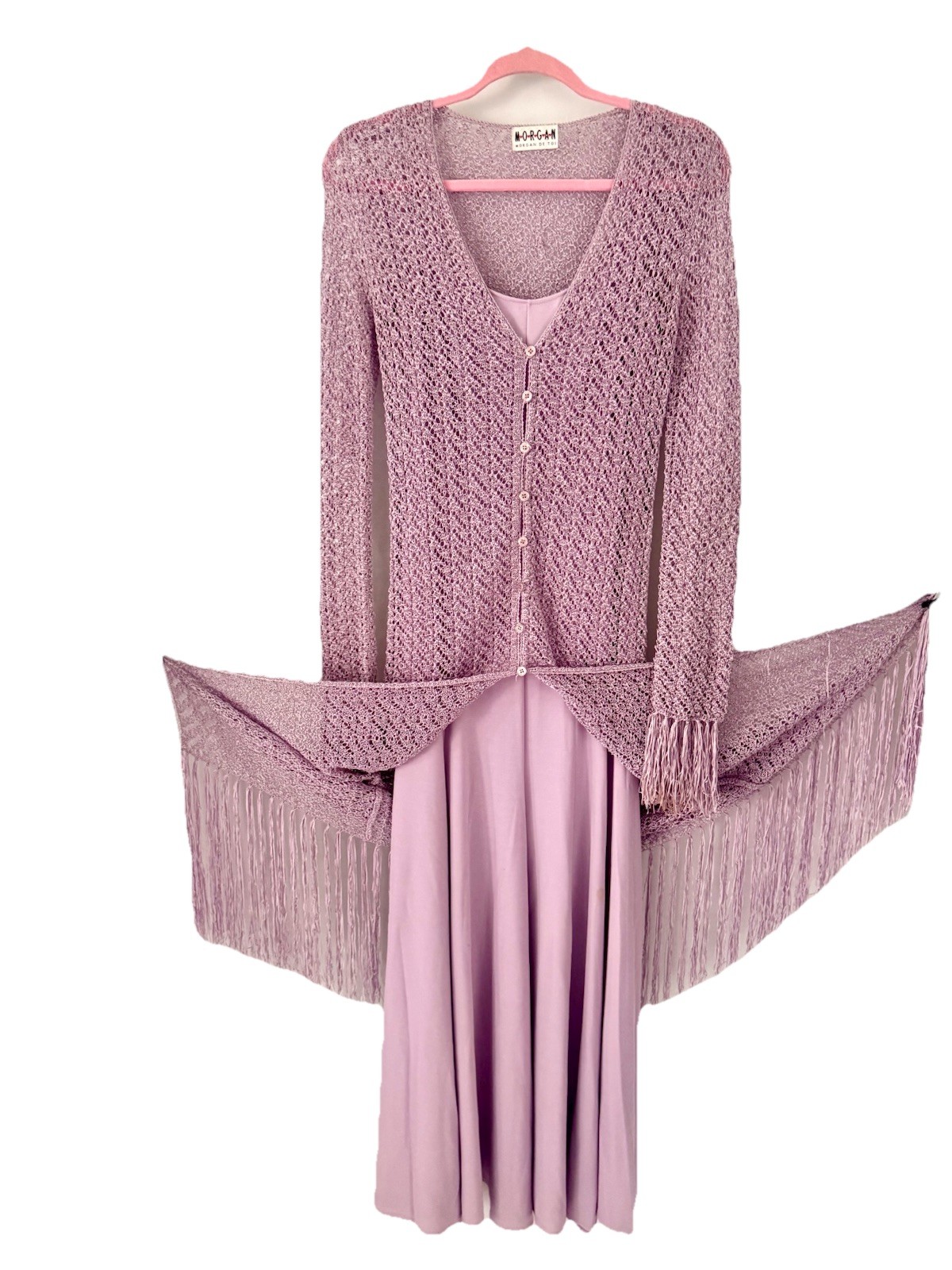 MORGAN de TOI~2 PC LAVENDER LONG FRINGED SWEATER W LONG TANK TOP DRESS~ SZ MED