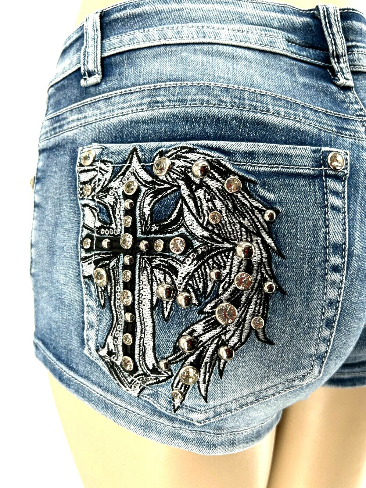 PLATINUM PLUSH LADIES LEATHER CROSS & WING RHINESTONE DENIM SHORTS STYLE #4546