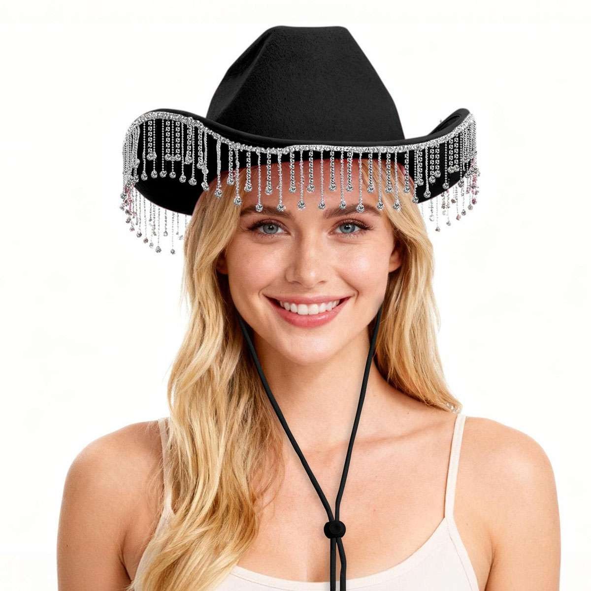 Women Western Glitter Rhinestone Tassel Decor Cowboy Hat Birthday Cowgirl Hat
