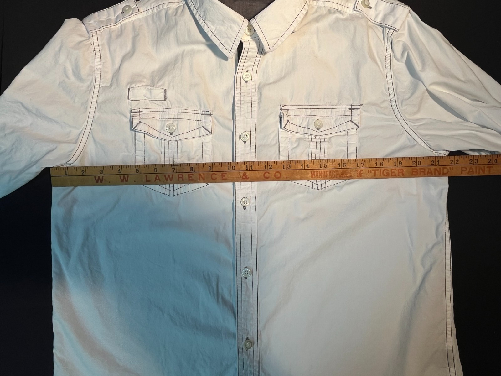 Men Carbon Button Down Long Sleeve White Military Style Piping Urban Design- SzL