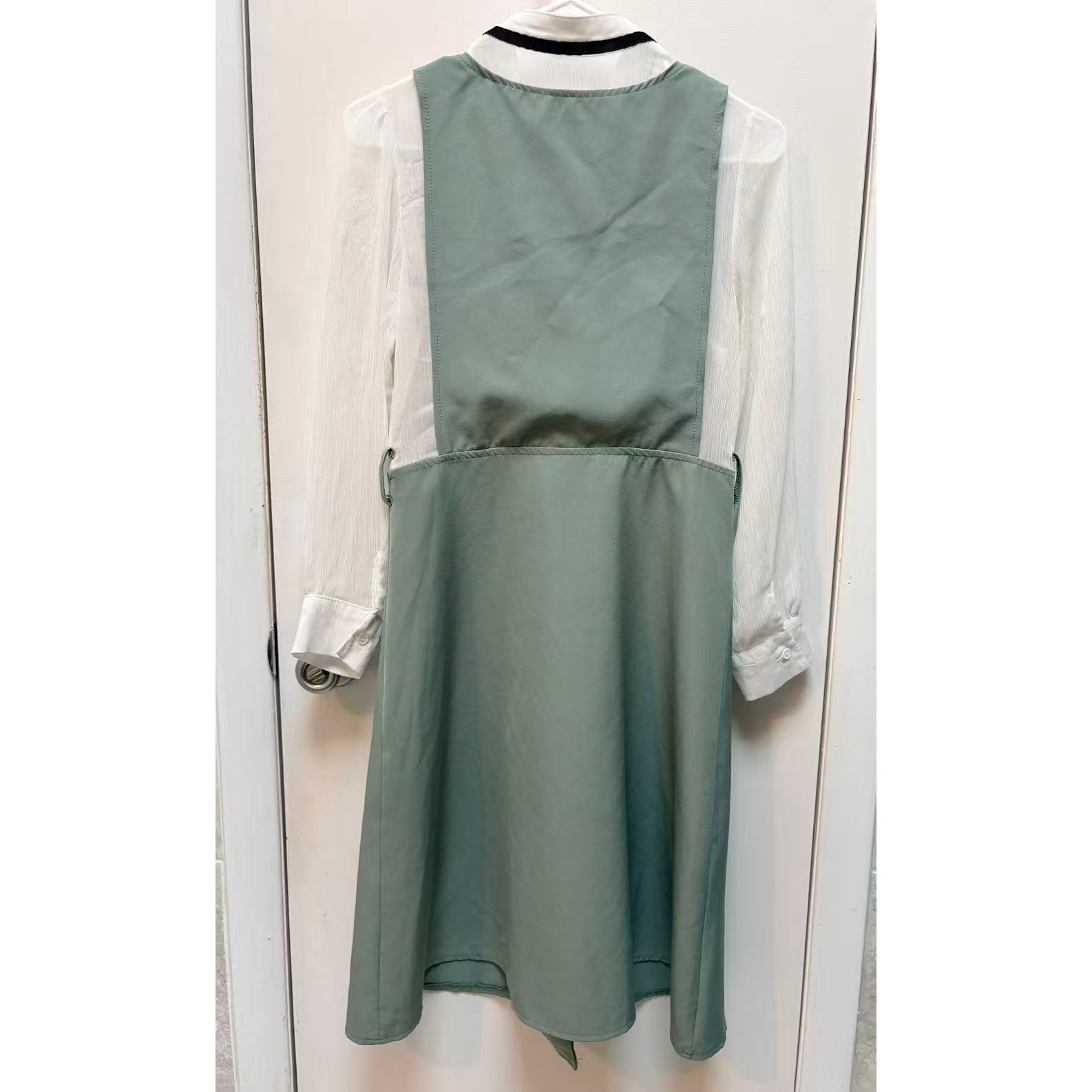 Korean Style 2 Piece Set Sage Green Pinafore Dress White Sheer Blouse Bow XS