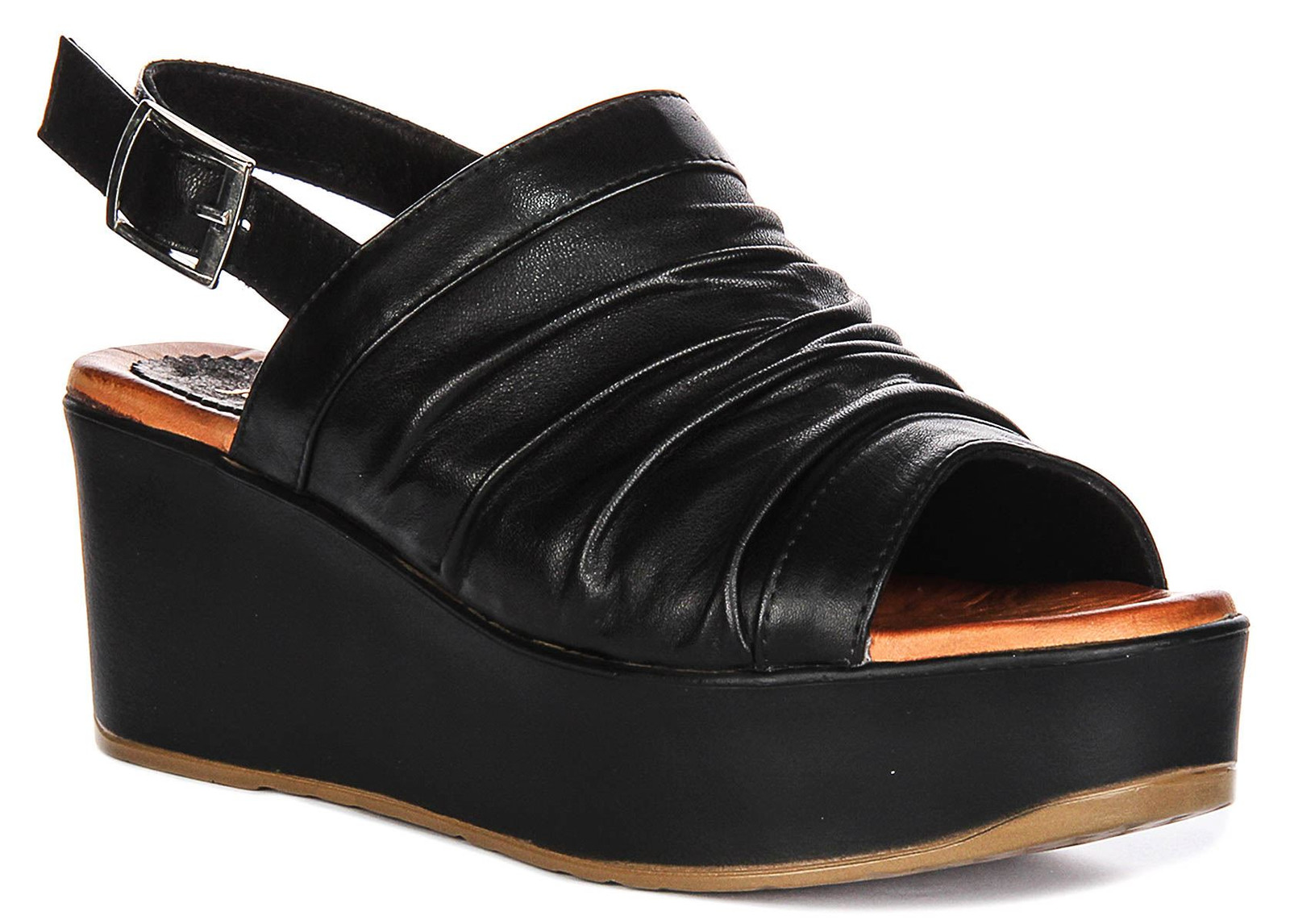 Justinreess England Honor Soft Buckle Crinkles Womens Sandal Black US 5 – 11