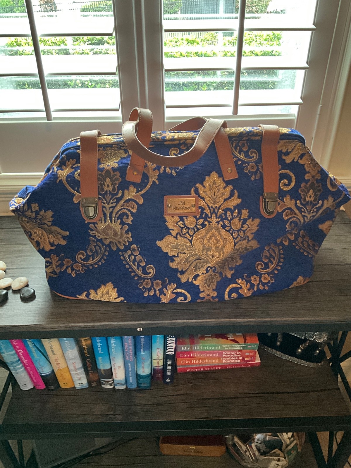 retro carpet bag large blue and gold