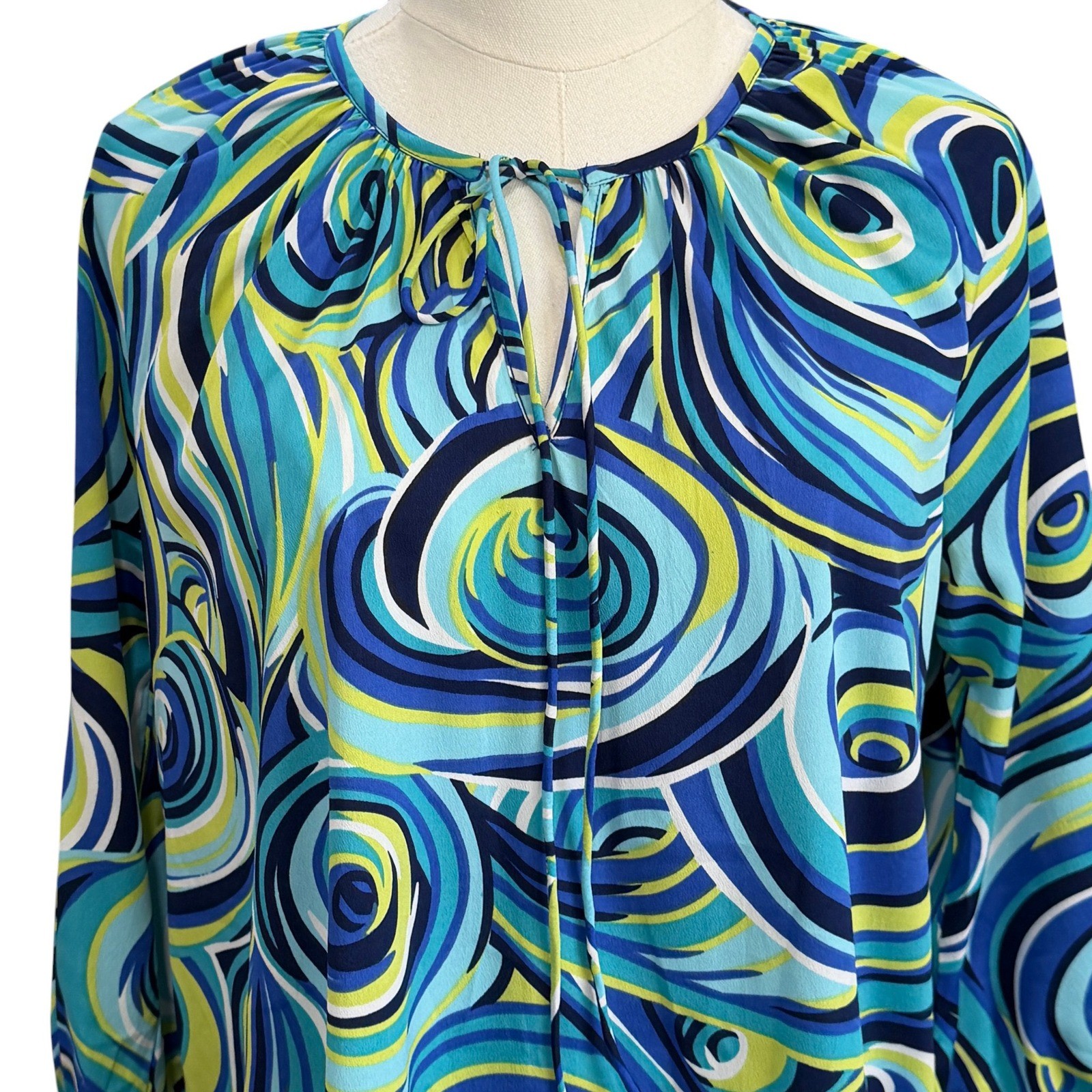 Y2K Psychedelic Swirl Blouse Blue Green Retro Mod Groovy Statement Flowy Top S