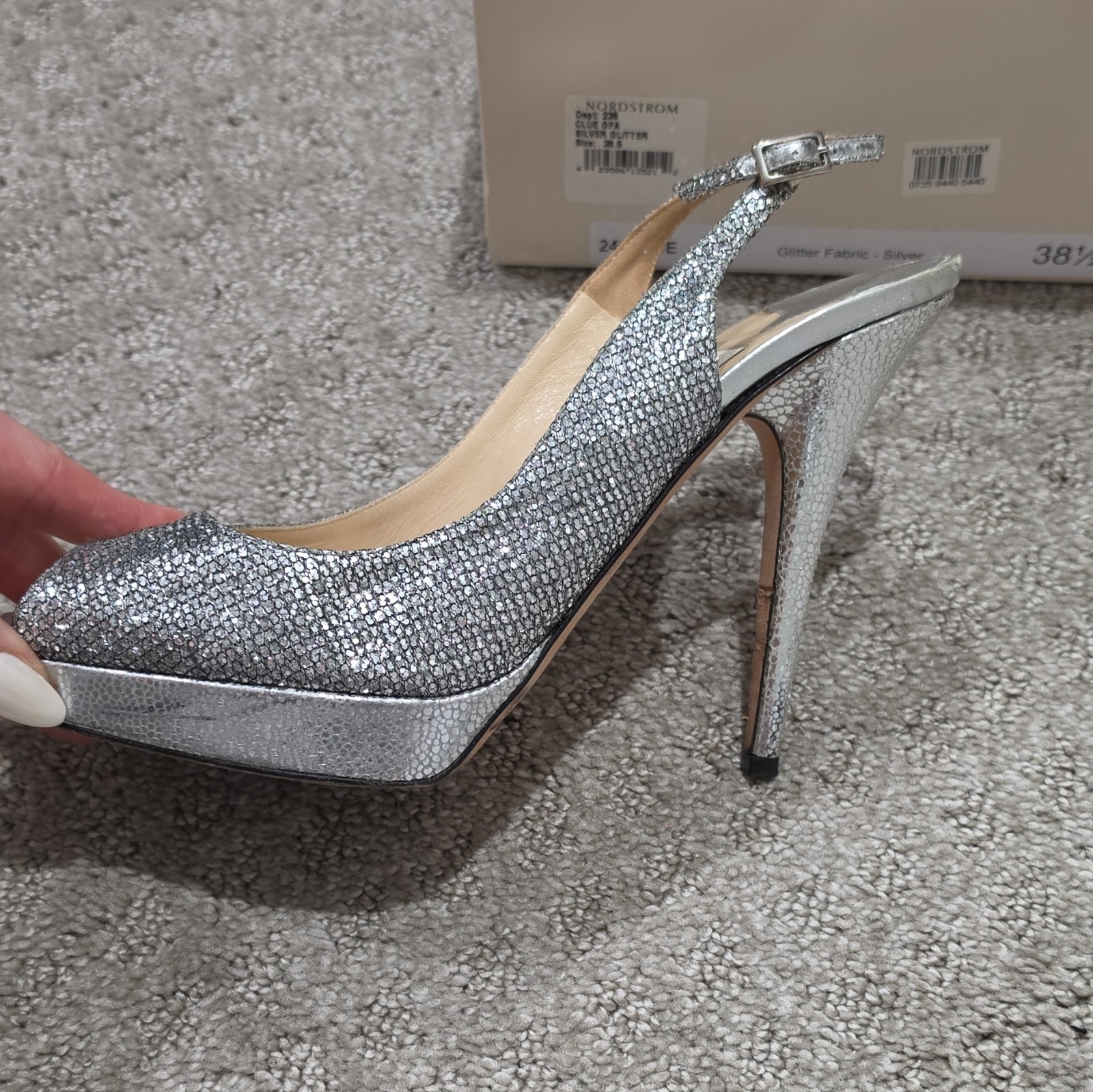 Jimmy Choo Silver Glitter Fabric Platform Peep Toe Ankle Strap Heels 38.5