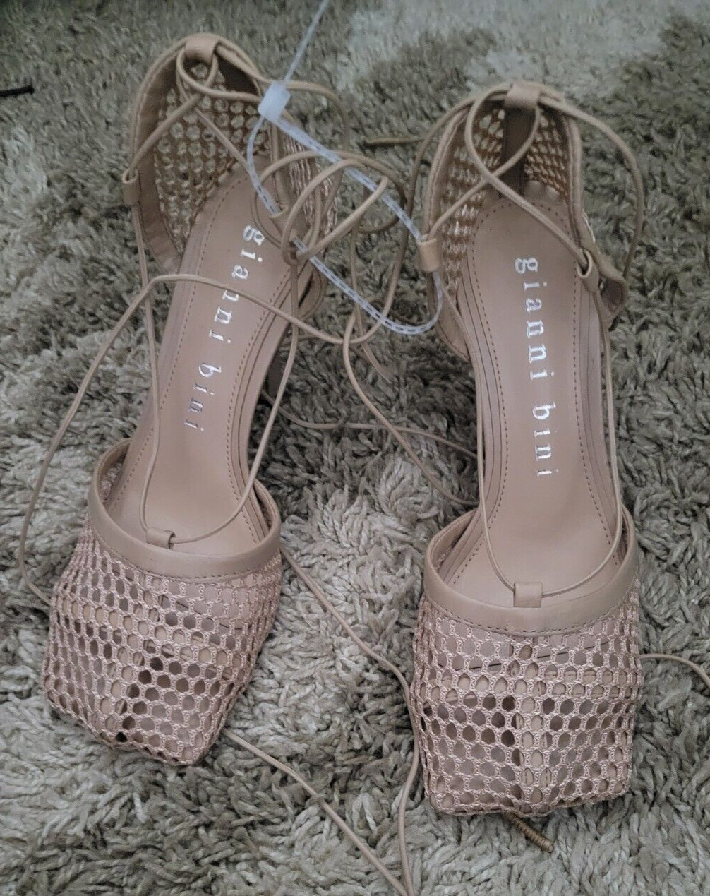 Gianni Bini Reagan Mesh And Leather Ankle Wrap Square Toe Pumps 5.5