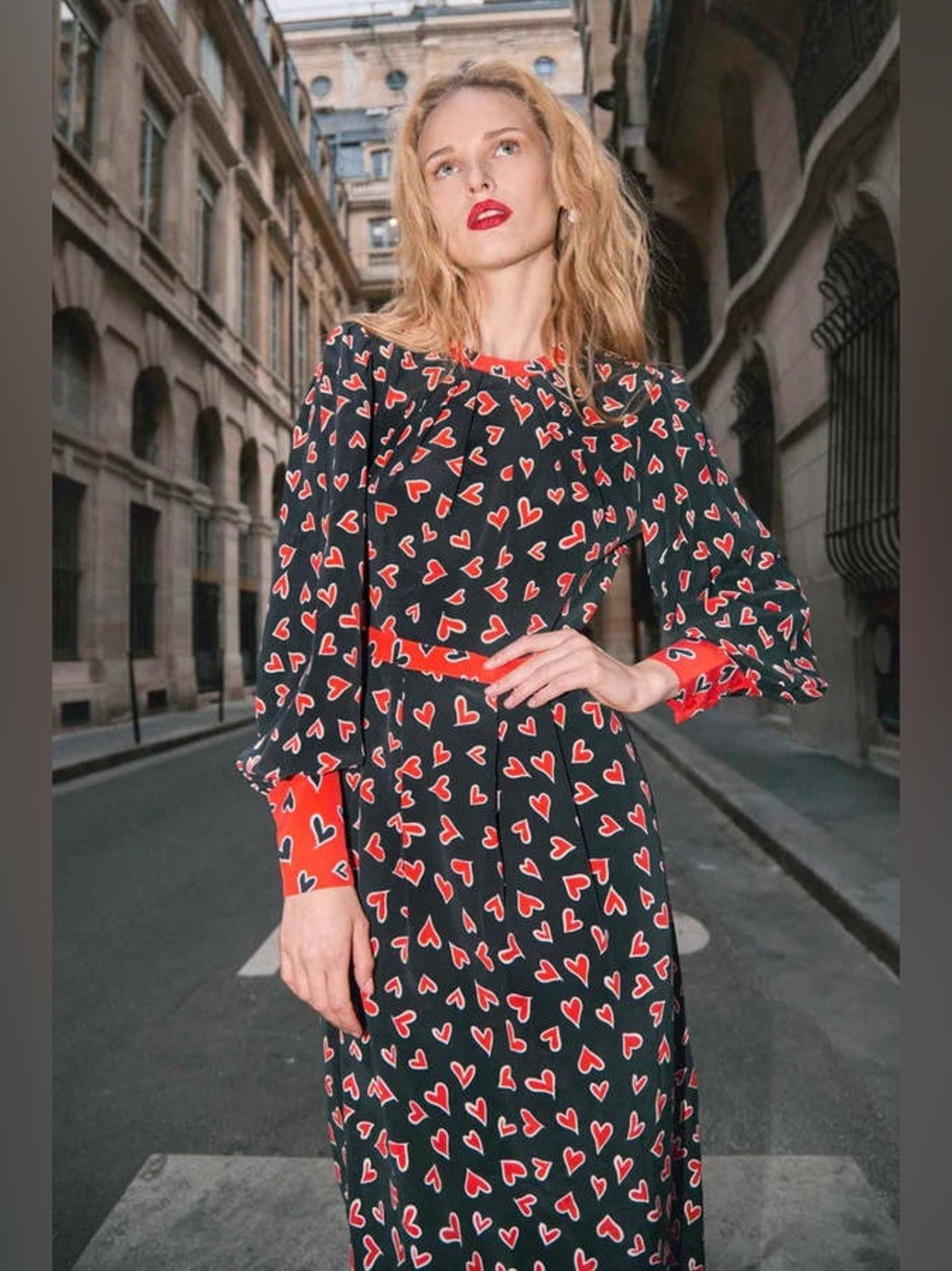 Hunter Bell Casper Maxi Dress Onyx Heart Print Long Sleeve Size 8 NWT