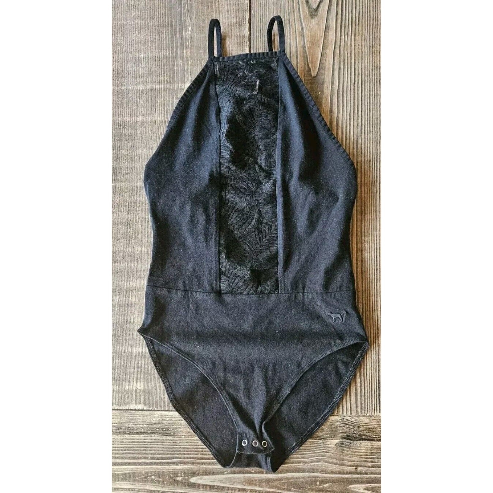 PINK Victorias Secret Womens Bodysuit XS Black Sleeveless Lace High Neck Top