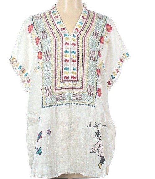 Johnny Was Nandi Linen Blouse Pete & Greta Relaxed Embroidered Off White Size XS