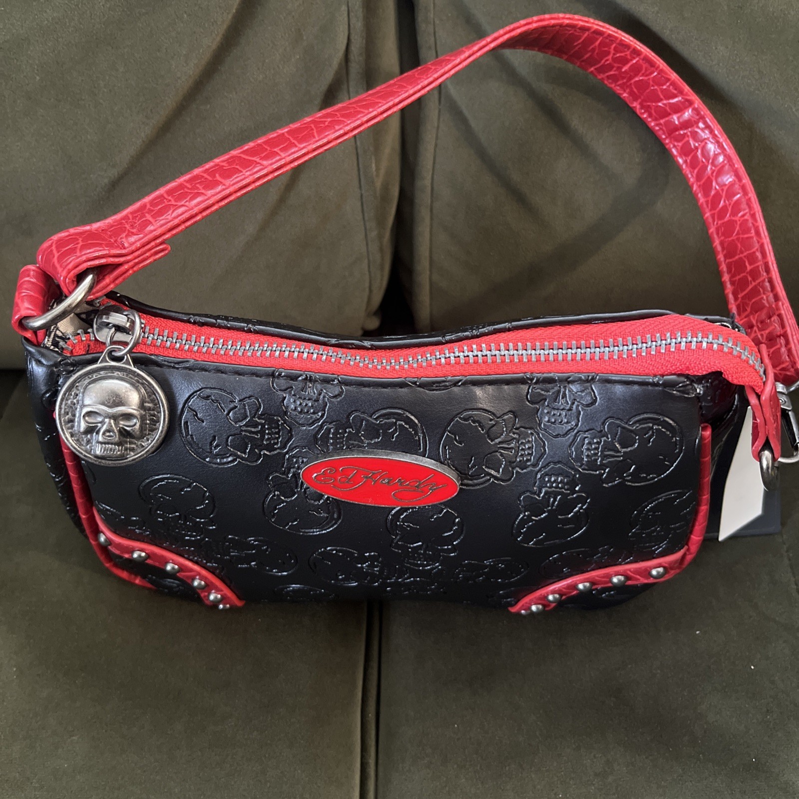 Ed Hardy Black Red Skull Embossed Studded Shoulder Bag Zip Top Silver Hardware