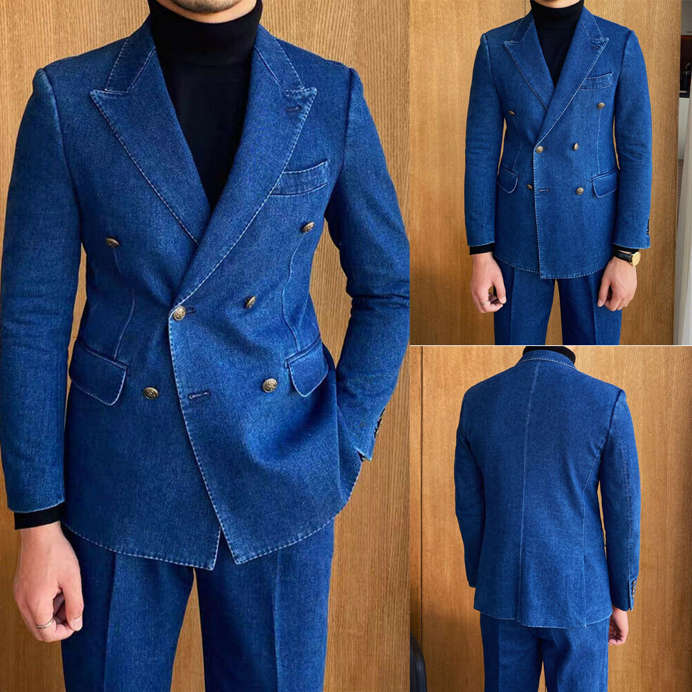 Vintage Denim Men’s Suit Wide Peak Lapel Wedding Formal Business Party Blazer