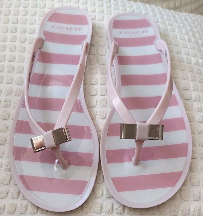 Coach Landon Jelly Flip Flop Pink Stripe 8M With Box