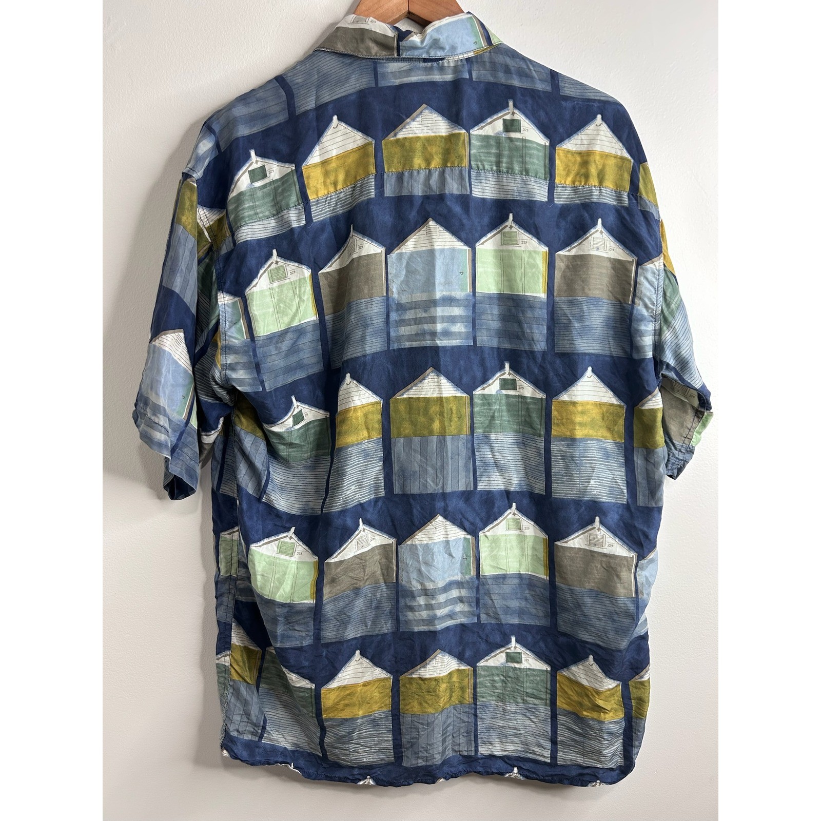 Burma Bibas Neiman Marcus Mens Medium Silk Beach Hut Novelty Hawaiian Shirt Blue