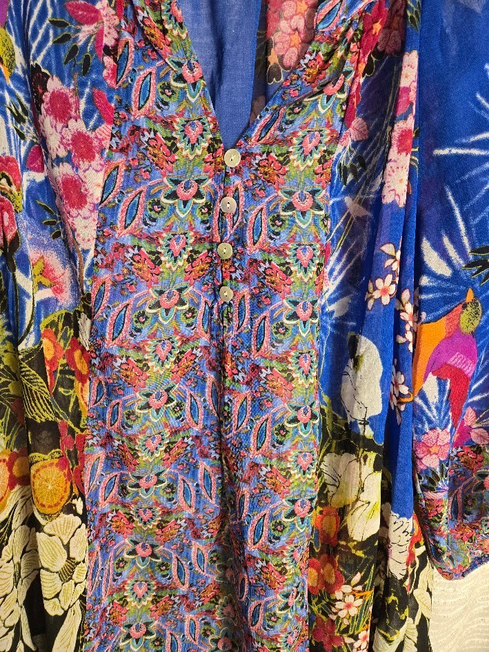 Anthropologie Fig and Flower Boho Mixed Floral Bird Print Blouse Tunic MED 3/4