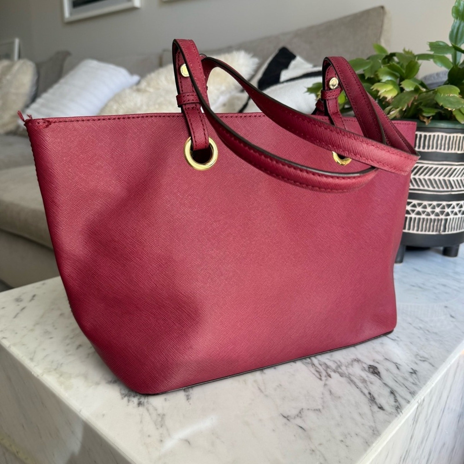 Calvin Klein Saffiano Leather Tote Bag – Burgundy