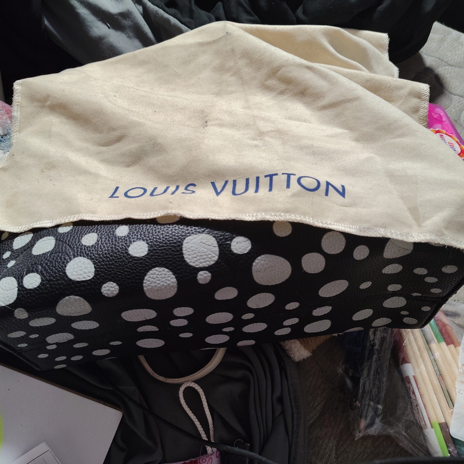 Louis Vuitton Black & White Polka Dot Large Tote Bag w/ Dust Bag, Logo