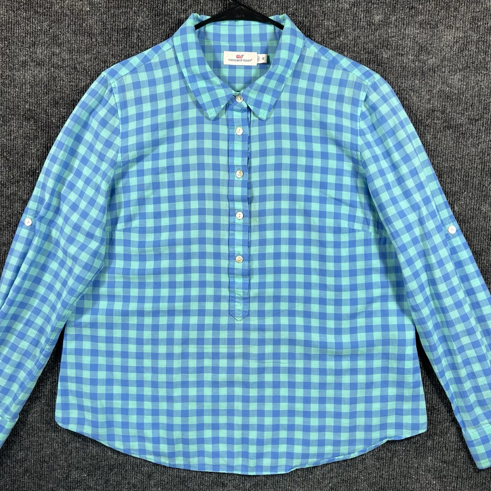 Vineyard Vines Women’s Gingham Popover Shirt Size 12 Turquoise/Blue Check