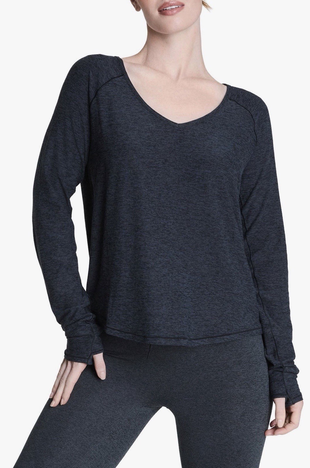 Spanx Womens V-Neck Long Sleeve Soft Stretch Activewear Top Navy Blue Size Large