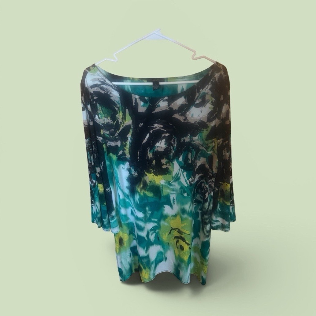 Alfani Multicolor Abstract Print Round Neck 3/4 Sleeve Pullover Top 1X