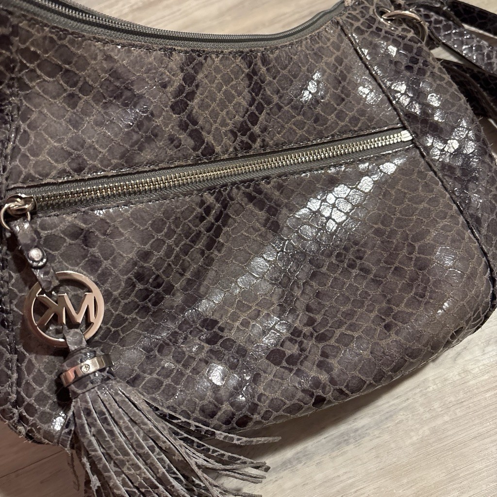 Michael Kors Gray Snake Print Shoulder Bag w/ Detachable Strap & Zip Wallet