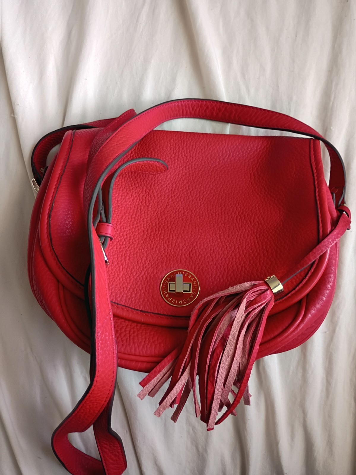 Authentic Isaac Mizrahi Red Pebbled Leather Crossbody Saddle Bag with Tassel