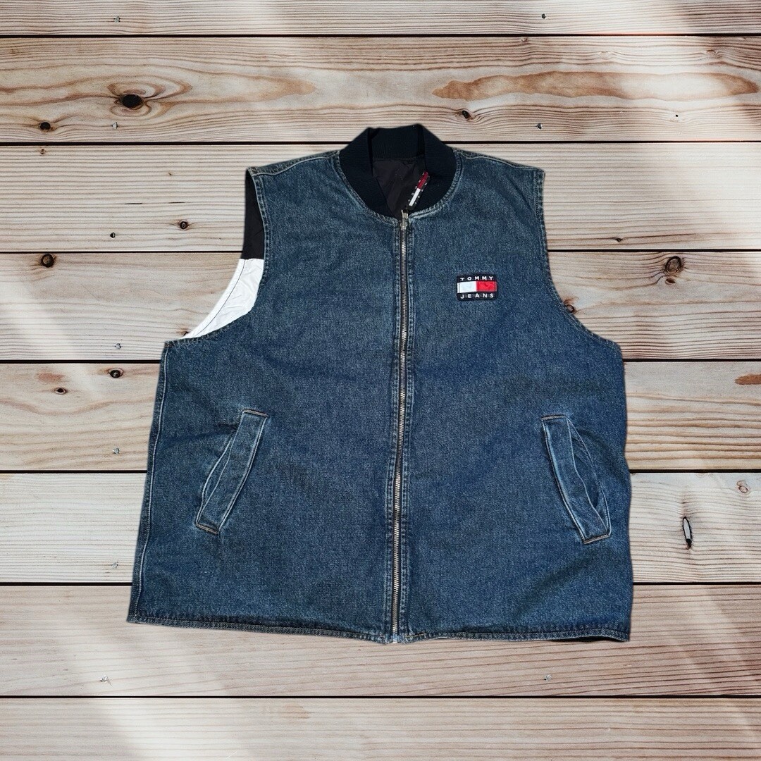 Tommy Hilfiger Reversible Denim Vest Oversized Jean Jacket Gilet Men M XL New