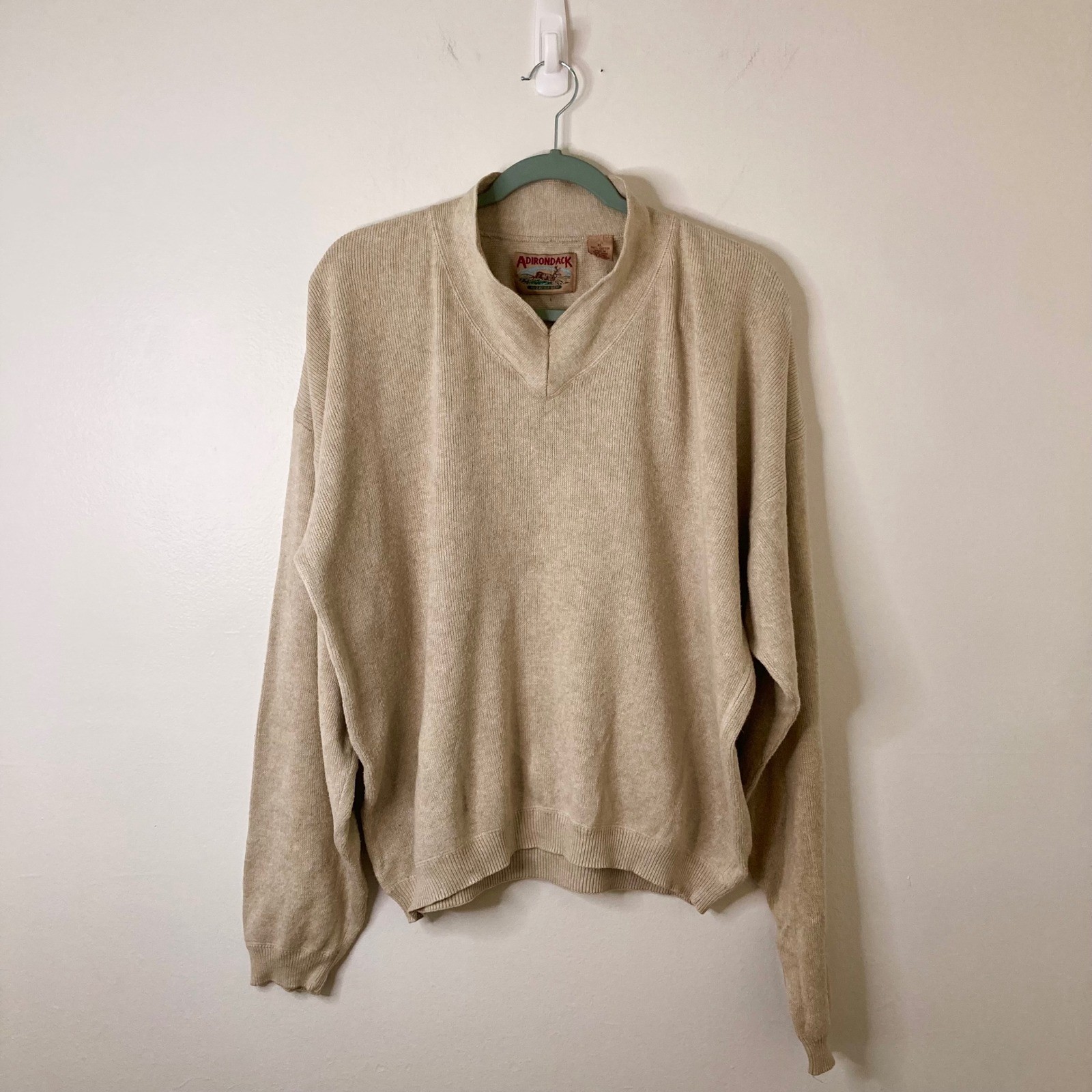 Vintage 90s Cabincore Adirondack Savile Row V-Neck Sweater Beige 100% Cotton XL