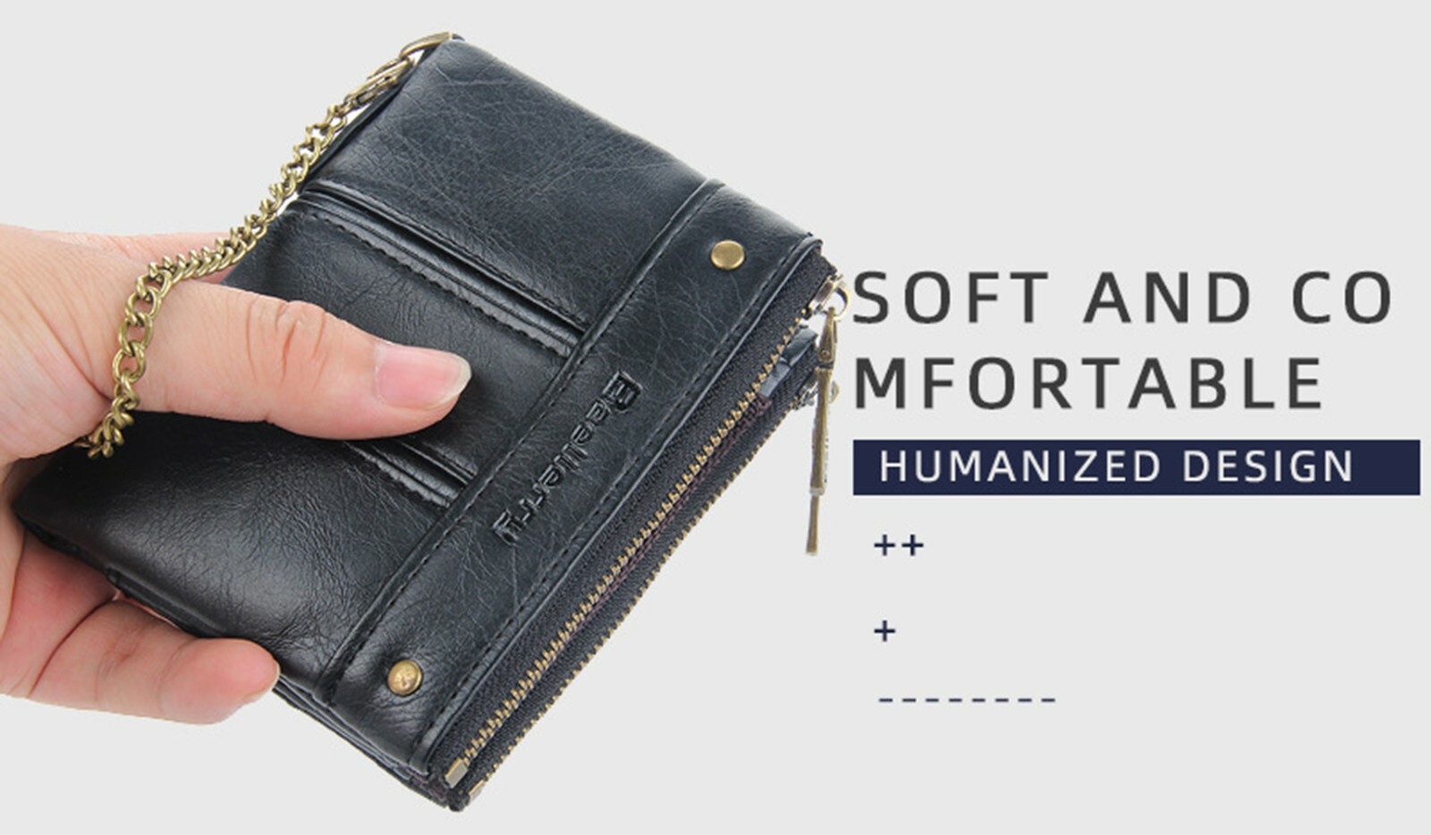 Men Men’s C2 Leather Wallet with Chain ID Credit Card Holder Double Zipper Coin