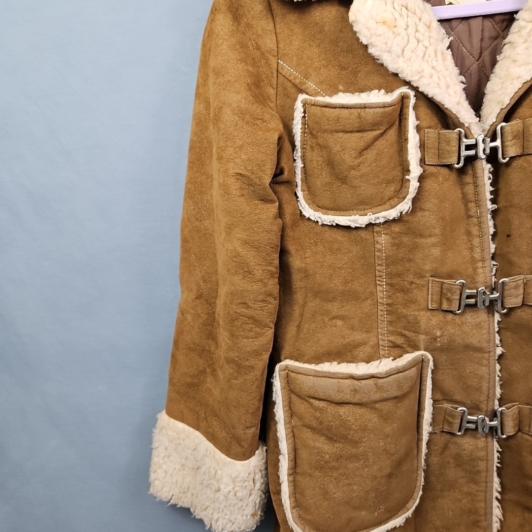 Vtg Curly Top Sheepskin Style Shearling 4 Pocket Lined Clasp Jacket Size 7/8