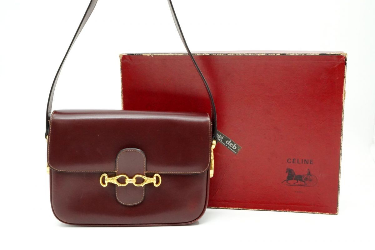 CELINE Vintage Shoulder Handbag Classic Gold Hardware Leather Bordeaux 7173