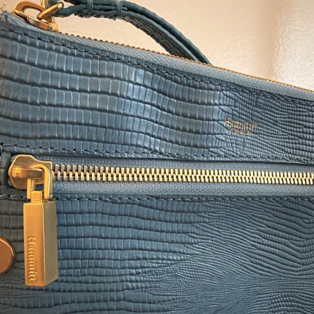 Hammitt Small Blue Embossed Crossbody Bag Gold Hardware Studded Zip Red Lining