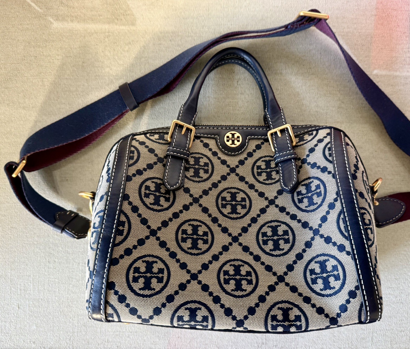 Tory Burch Monogram Navy Jacquard Barrel Handbag
